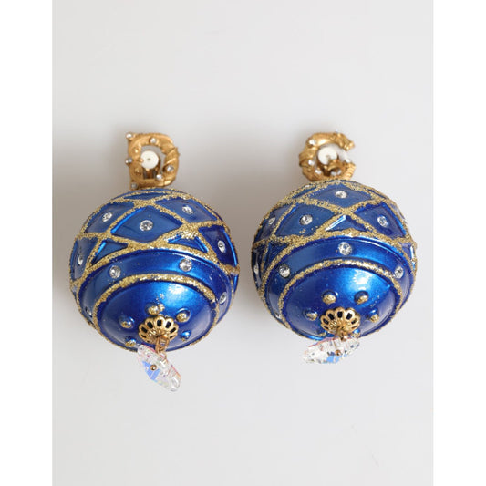 Dolce & Gabbana Gold Brass Blue Christmas Ball Crystal Drop Clip On Earrings with sparkling embellishments and teardrop crystals