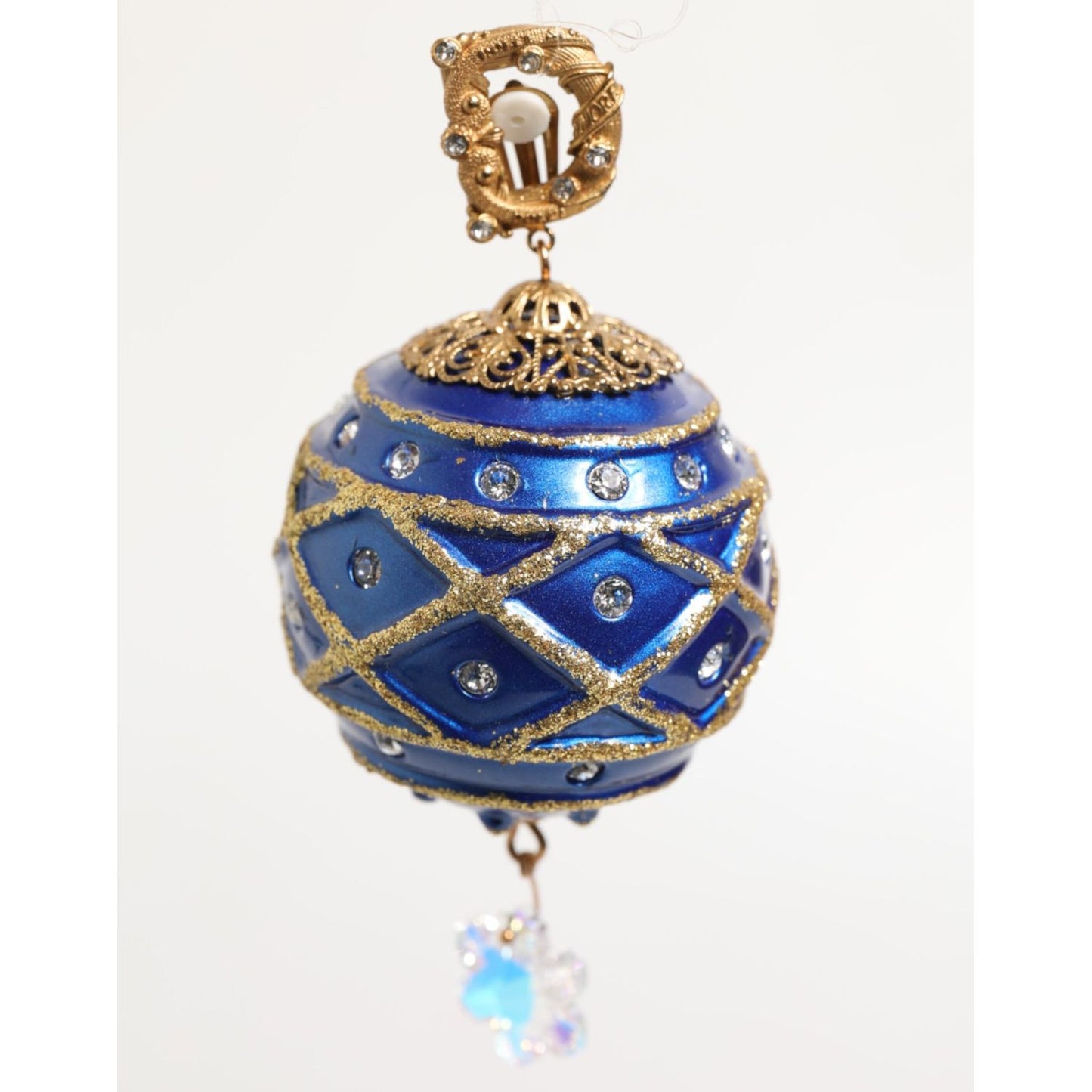 Dolce & Gabbana Gold Brass Blue Christmas Ball Crystal Drop Clip On Earrings with blue enamel and crystal embellishments.