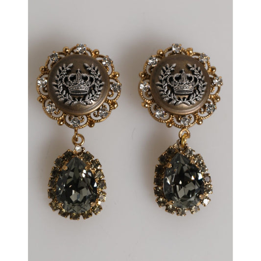 Dolce & Gabbana Gold Brass Crown Medallion Black Crystal Drop Clip On Earrings ornate design