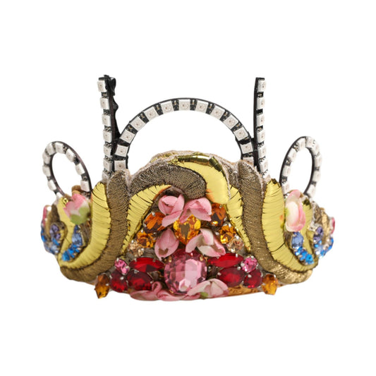 Dolce & Gabbana Gold Brass Crystal Embellished Headpiece Crown Tiara with multicolor crystals and floral appliqués