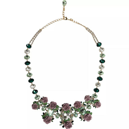Dolce & Gabbana Gold Brass Link Chain Rose Petal Crystal Necklace