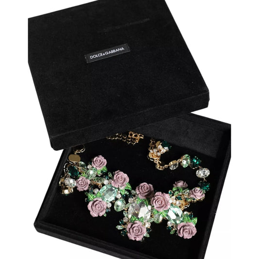 Dolce & Gabbana Gold Brass Link Chain Rose Petal Crystal Necklace in black box with floral design and multicolor crystals.