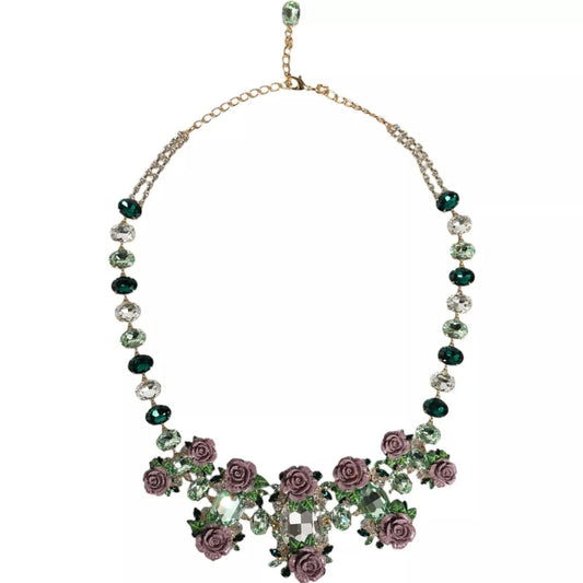 Dolce & Gabbana Gold Brass Link Chain Rose Petal Crystal Necklace with floral charms and multicolor crystals.