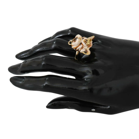 Dolce & Gabbana Gold Brass Resin Beige Dog Pet Accessory Ring displayed on mannequin hand