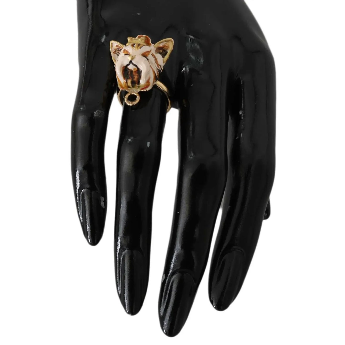 Dolce & Gabbana Gold Brass Resin Beige Dog Pet Accessory Ring on mannequin hand