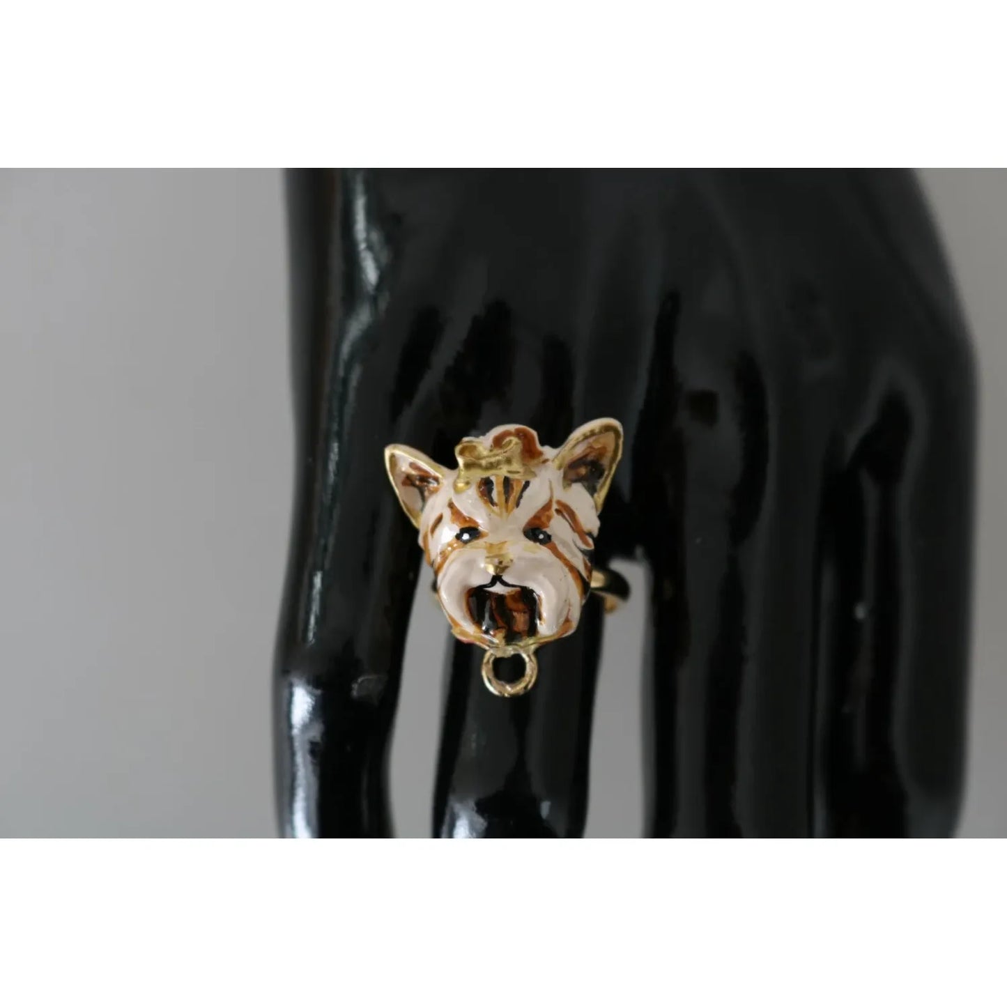 Dolce & Gabbana Gold Brass Resin Beige Dog Pet Accessory Ring worn on black mannequin hand