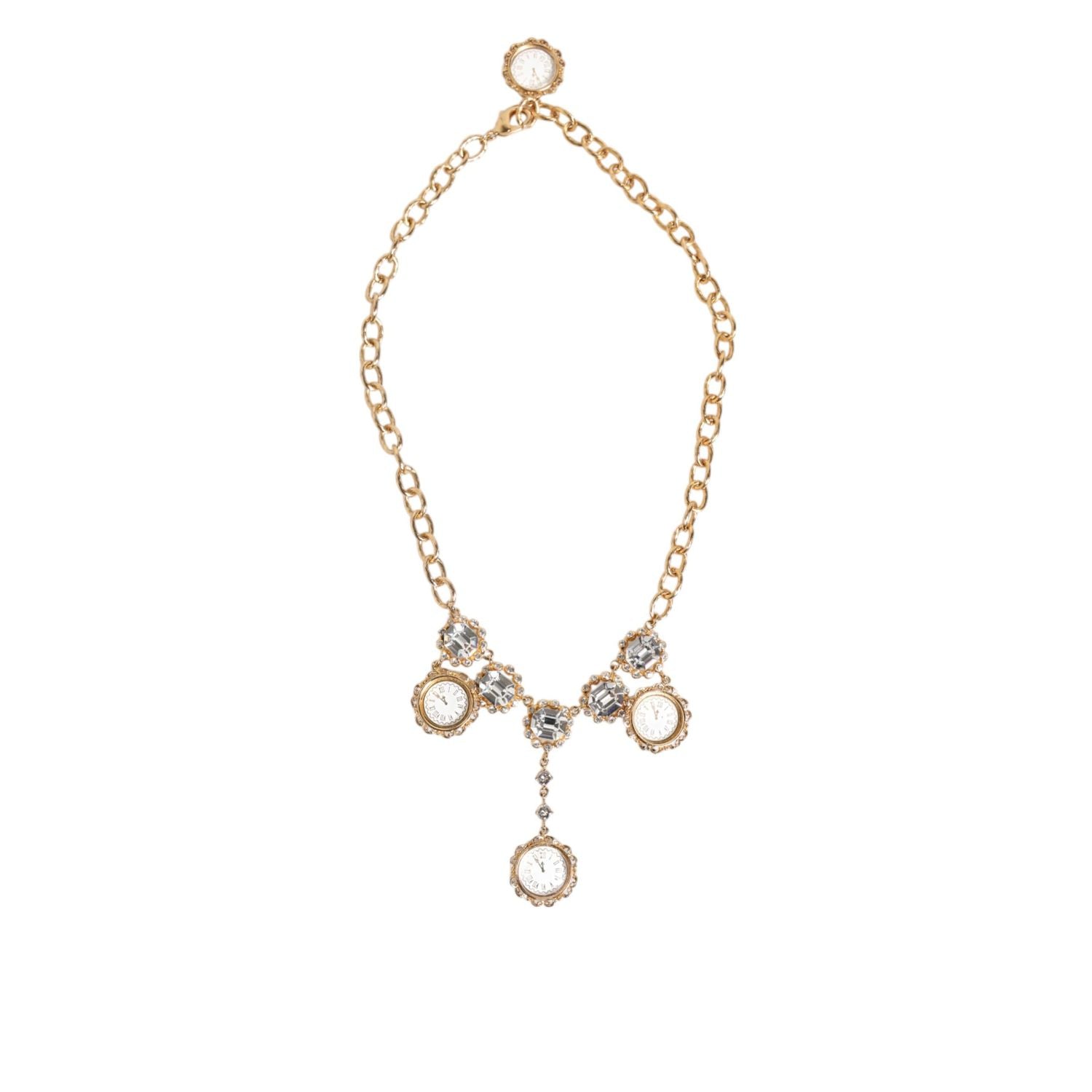 Dolce & Gabbana Gold Crystal Clock Face Pendant Statement Jewelry Necklace