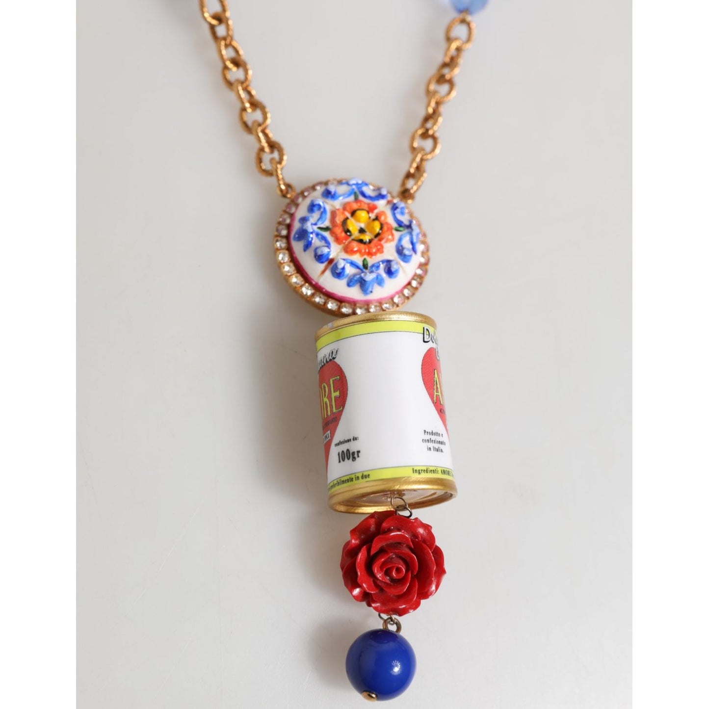 Dolce & Gabbana Gold Multicolor Amore Heart Can Beads Rose Pendant Necklace with floral medallion and rose accents