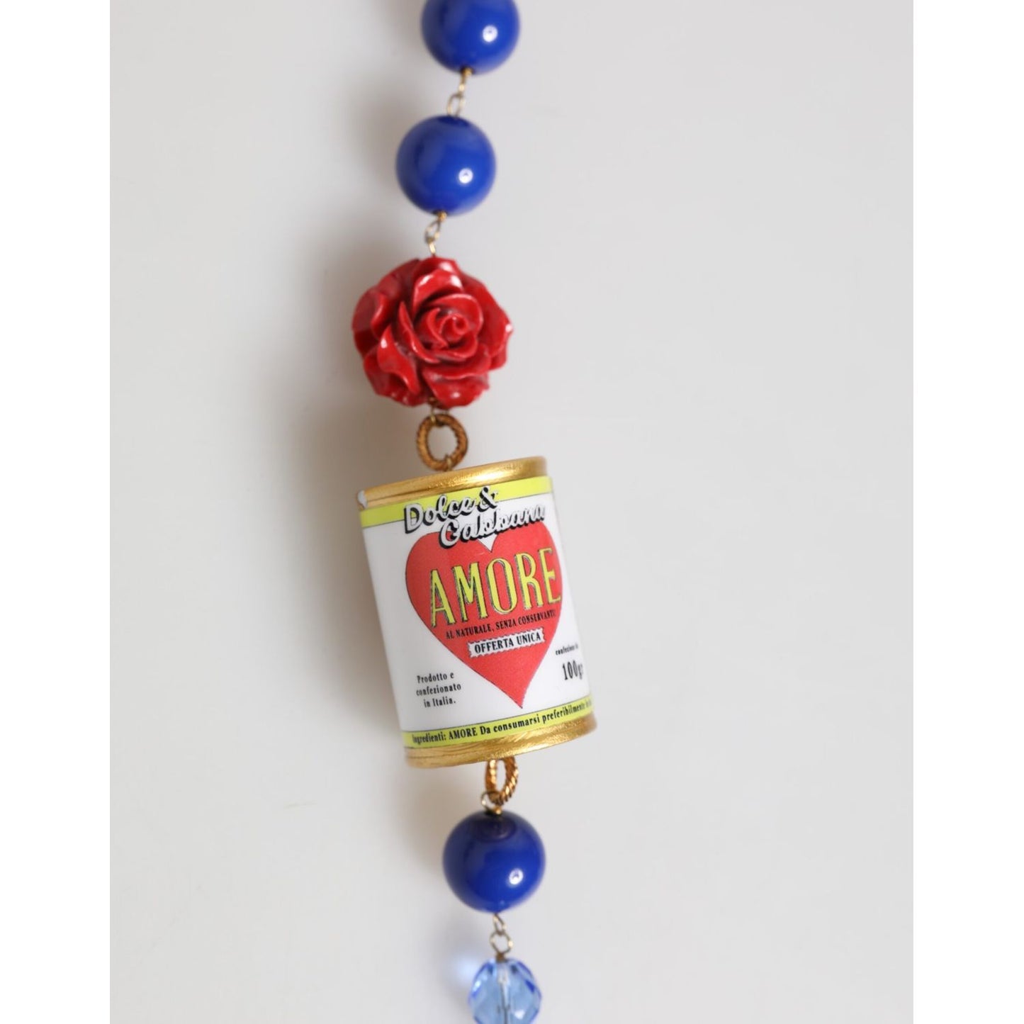 Dolce & Gabbana Gold Multicolor Amore Heart Can Beads Rose Pendant Necklace with blue beads and red rose detail