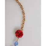 Dolce & Gabbana Gold Multicolor Amore Heart Can Beads Rose Pendant Necklace detail with red rose and blue bead.