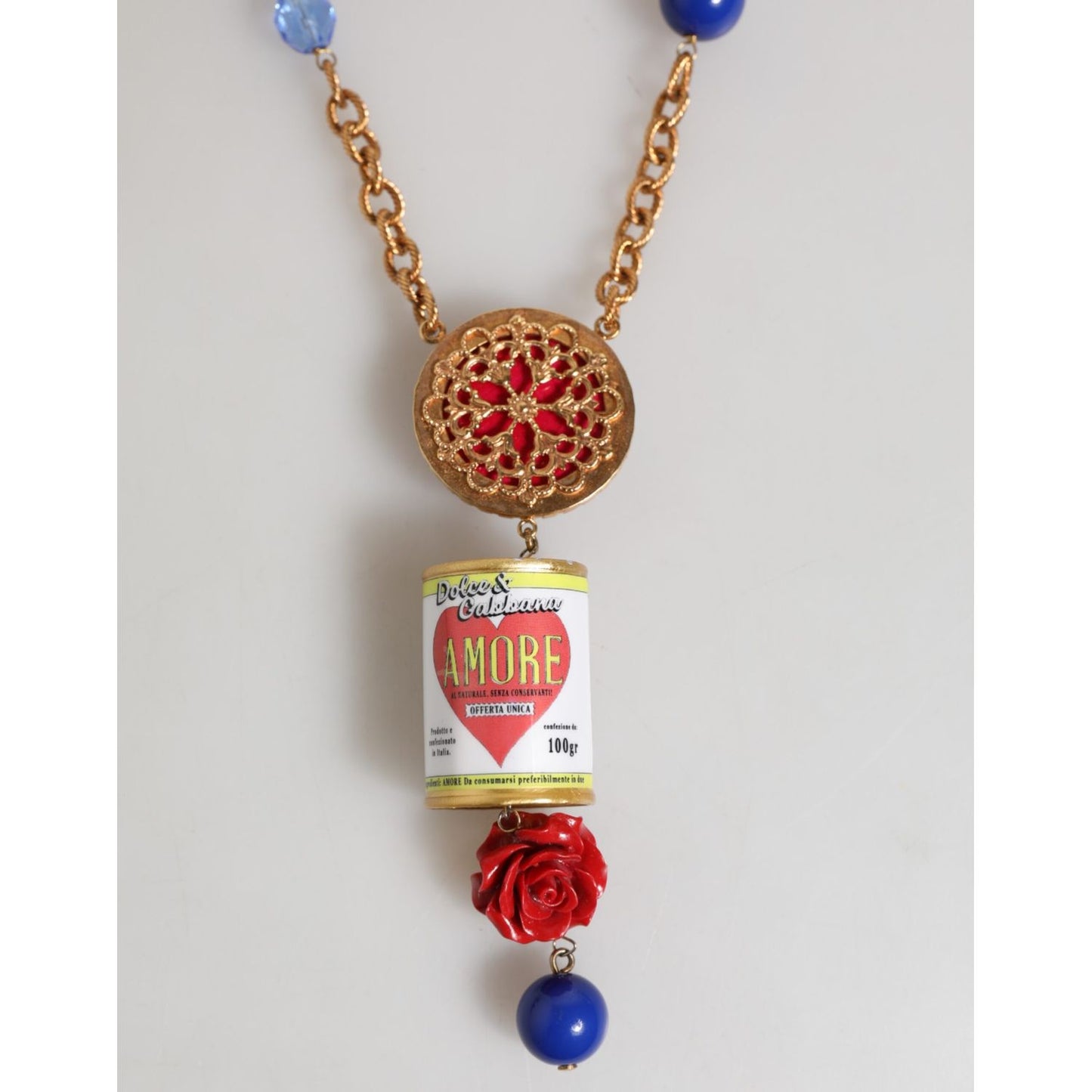 Dolce & Gabbana Gold Multicolor Amore Heart Can Beads Rose Pendant Necklace with floral medallion and tomato can accents.