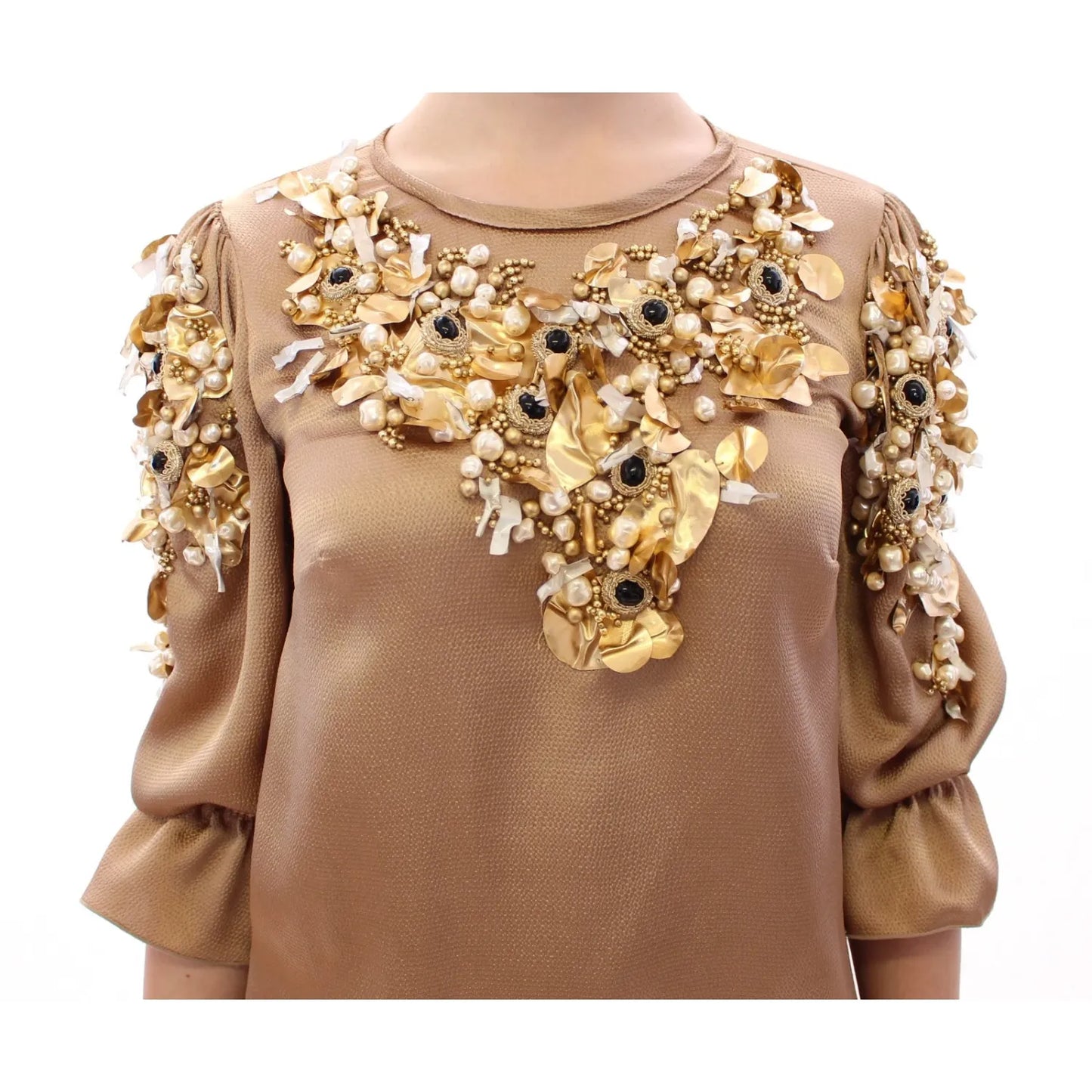 Dolce & Gabbana Gold SPECIAL Piece Runway Crystal Blouse with pearl and crystal embellishments, 3/4 sleeves, and crewneck design.