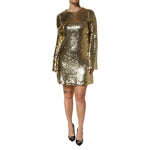 Dolce & Gabbana Gold Sequin Long Sleeve Mini Dress featuring round neckline and zipper closure, perfect for special occasions.
