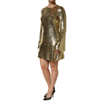 Dolce & Gabbana Gold Sequin Long Sleeve Mini Dress featuring a dazzling design with round neckline, perfect for special occasions.