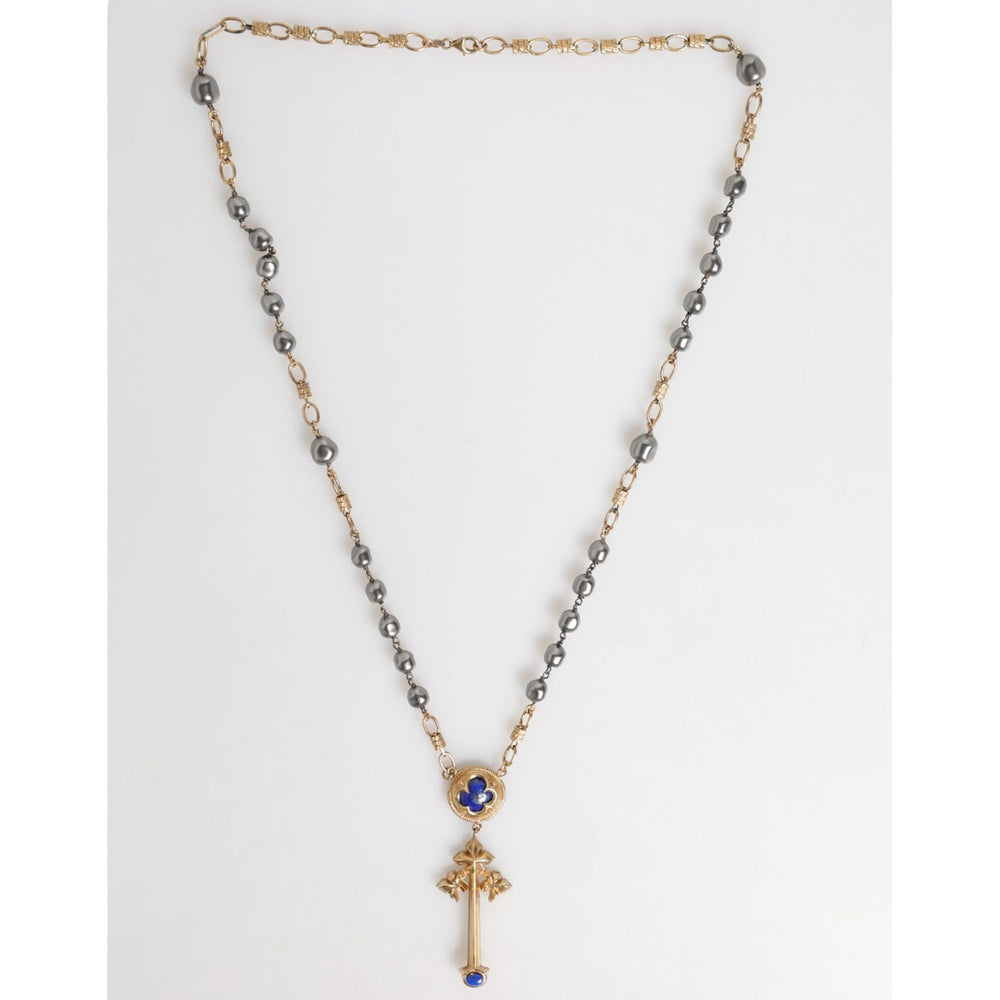 Dolce & Gabbana Gold Tone Beaded Chain Religious Cross Necklace with sterling silver, natural gem, made in Italy.