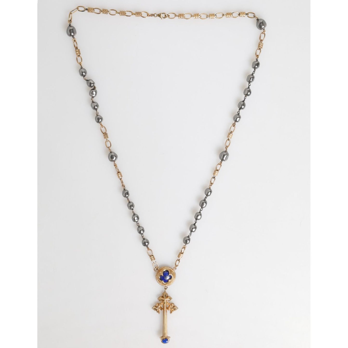 Dolce & Gabbana Gold Tone Beaded Chain Religious Cross Necklace with sterling silver chain and lobster closure, made in Italy.