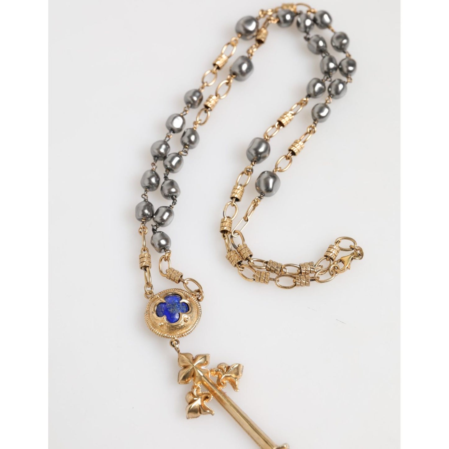 Dolce & Gabbana Gold Tone Beaded Chain Religious Cross Necklace, 925 Sterling Silver, with natural gem and lobster closure.