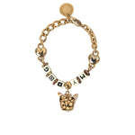 Dolce & Gabbana Gold Tone Brass Chain MY DOG Heart Bracelet with dog charm, gold and multicolored enamel accents for women.