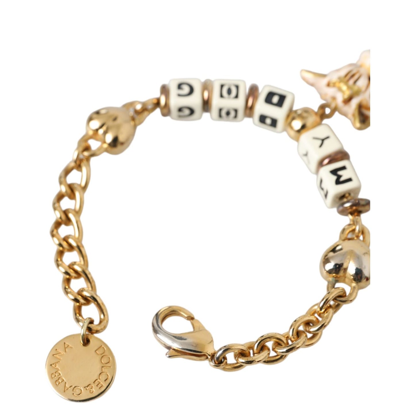 Dolce & Gabbana Gold Tone Brass Chain MY DOG Heart Bracelet with enamel dog face, gold and multicolor details, women's jewelry, 20cm, Italy.