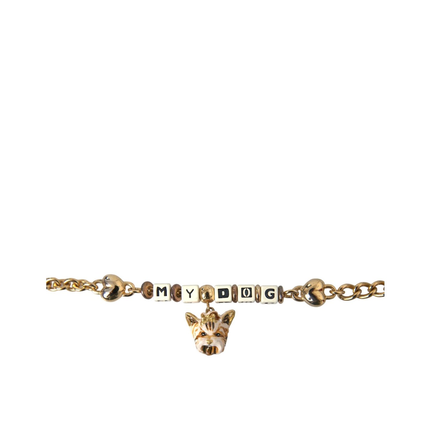 Dolce & Gabbana Gold Tone Brass Chain MY DOG Heart Bracelet with dog face charm and multicolored details.