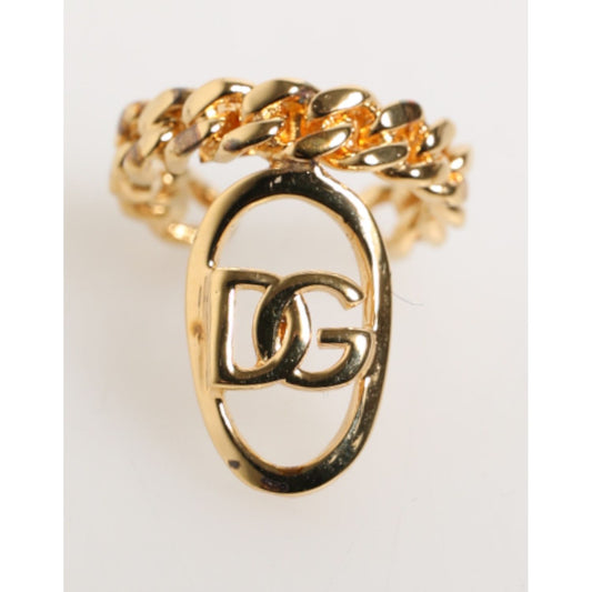 Dolce & Gabbana Gold Tone Brass Oval DG Logo Chain Adjustable Ring in curb chain style, interlocked DG logo, bold modern design.
