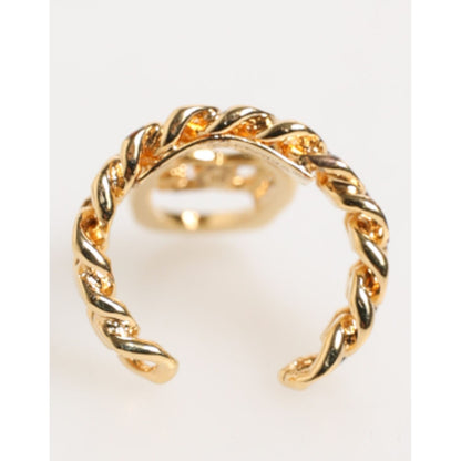 Dolce & Gabbana Gold Tone Brass Oval DG Logo Chain Adjustable Ring with curb chain design, made in Italy, featuring iconic DG logo.