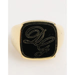 Dolce & Gabbana Gold Tone Enamel Brass Signet DG Logo Adjustable Ring with black enamel face and engraved DG logo