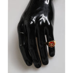 Dolce & Gabbana Gold Tone Real Brass Round Red DG Logo Men Ring on black mannequin hand