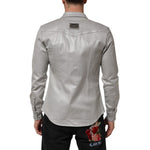 Dolce & Gabbana Gray Coated Cotton Snap Button Logo Men Shirt showcasing back design and logo detail.