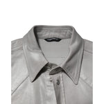 Dolce & Gabbana Gray Coated Cotton Snap Button Logo Men Shirt with metallic finish and snap button closure, close-up view.