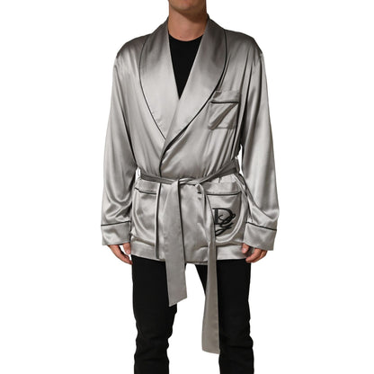 Dolce & Gabbana Gray Silk Satin Robe Embroidered Jacket