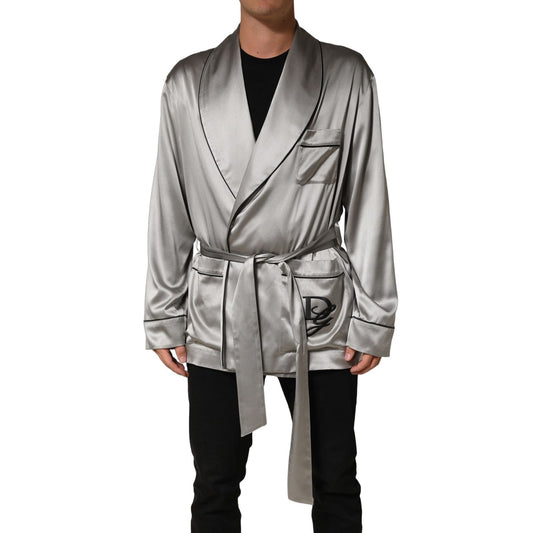 Dolce & Gabbana Gray Silk Satin Robe Embroidered Jacket
