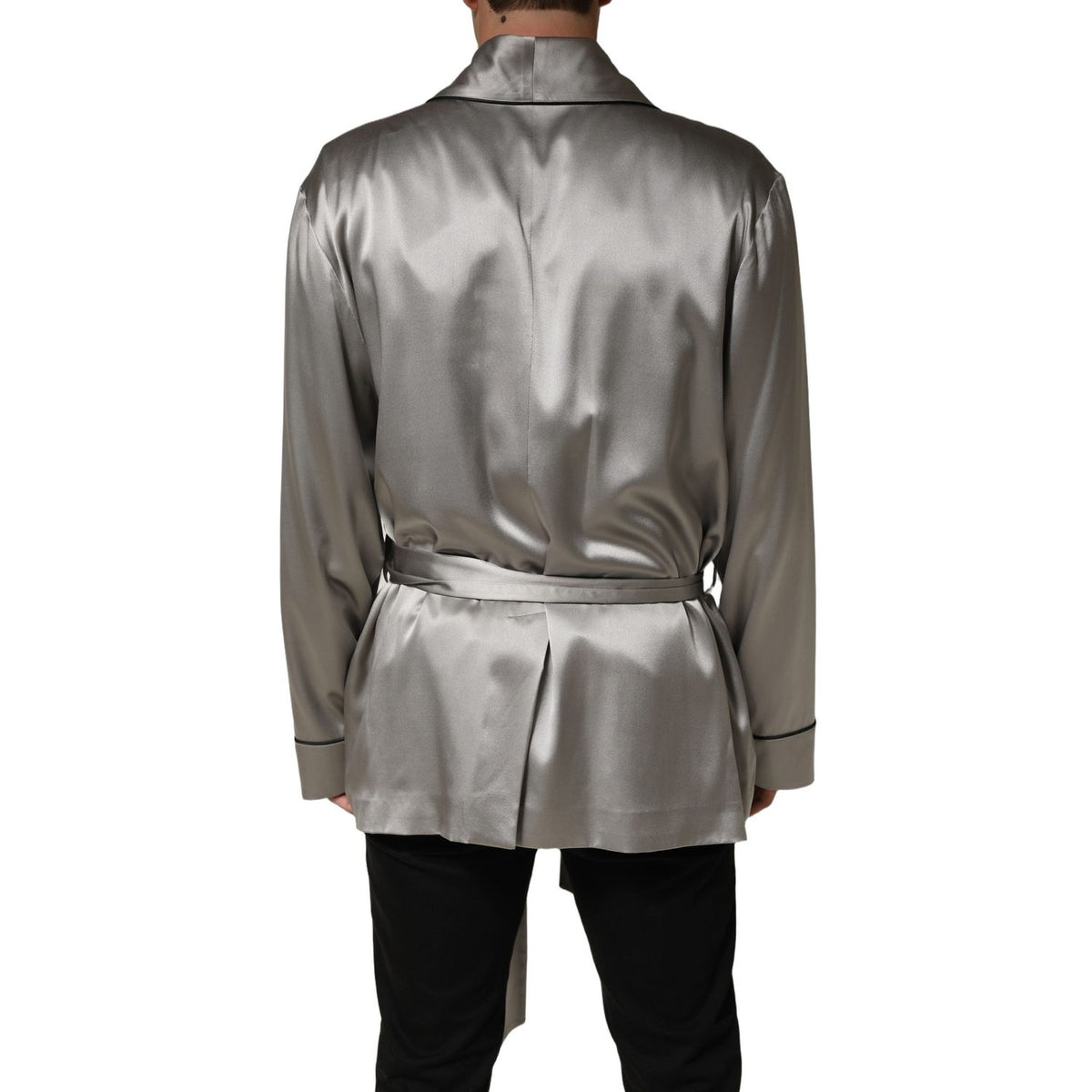 Dolce & Gabbana Gray Silk Satin Robe Embroidered Jacket