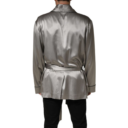 Dolce & Gabbana Gray Silk Satin Robe Embroidered Jacket