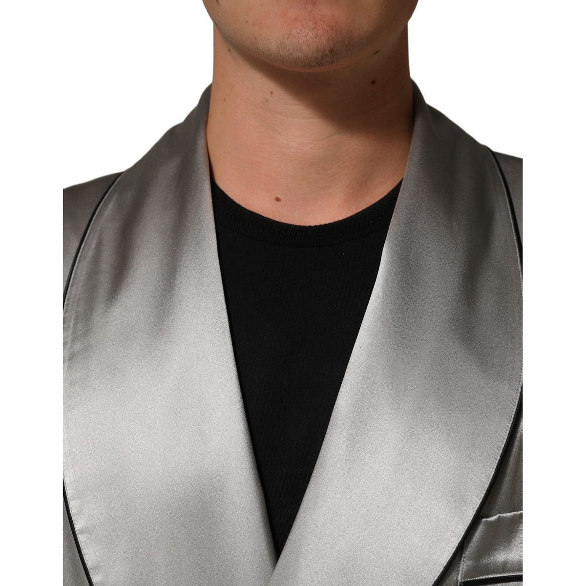 Dolce & Gabbana Gray Silk Satin Robe Embroidered Jacket