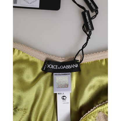Dolce & Gabbana Green Silk Satin Floral Lace Trim Panty Underwear with tags showing label details. Made in Italy luxury lingerie piece.