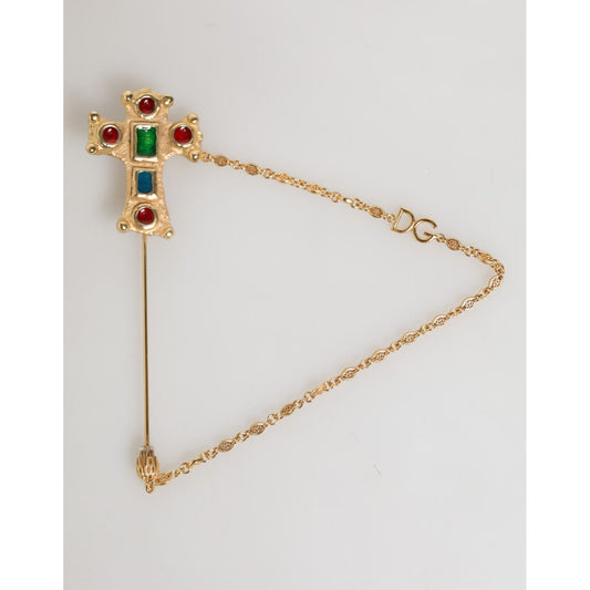 Dolce & Gabbana Lapel Pin Cross Logo Gold Chain Mens Accessories Brooch featuring DG logo on a polished gold-tone finish.
