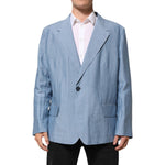 Dolce & Gabbana Light Blue Linen Double Breasted Men Jacket Blazer with front button closure and pockets.