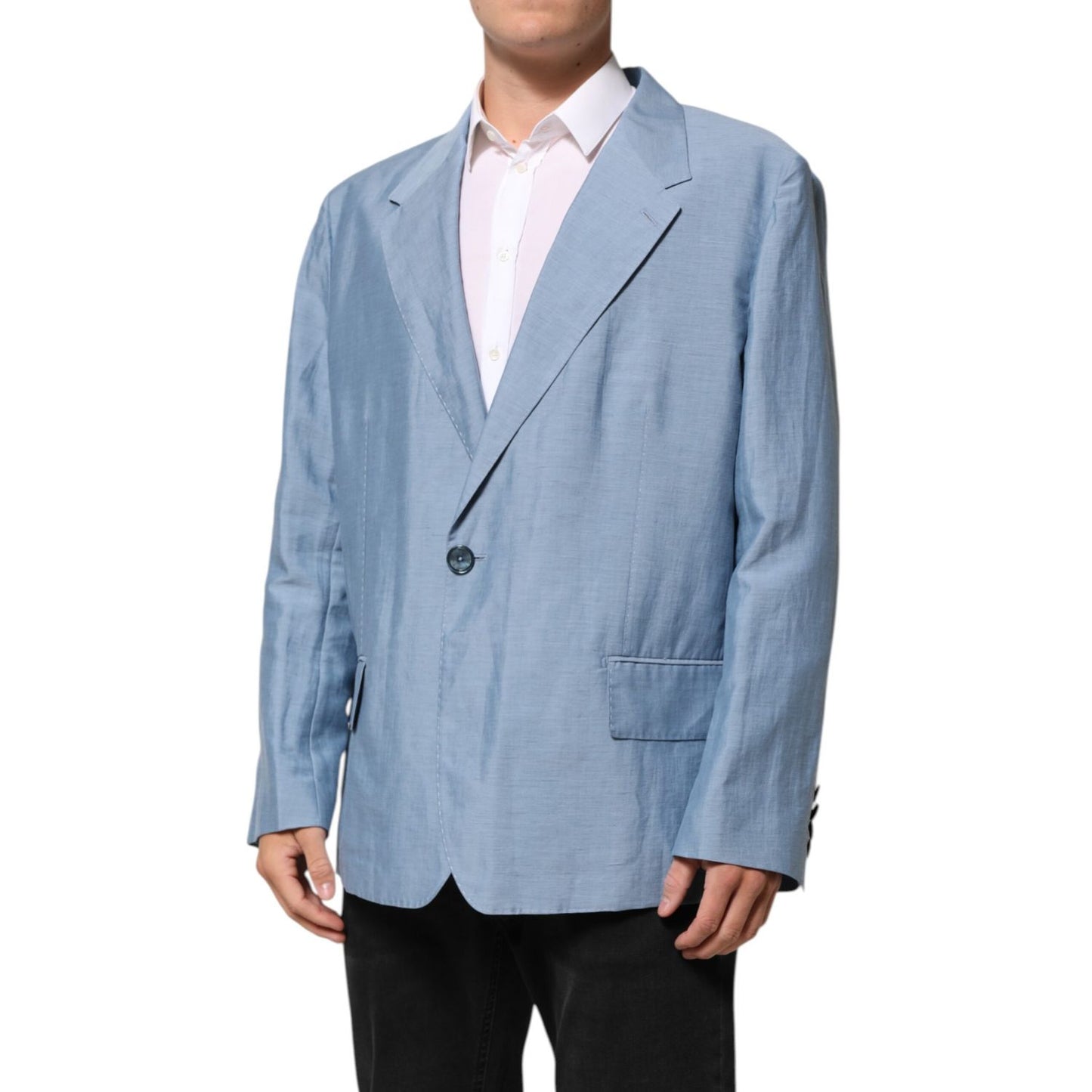 Dolce & Gabbana Light Blue Linen Double Breasted Men Jacket Blazer