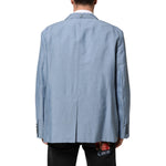 Back view of Dolce & Gabbana Light Blue Linen Double Breasted Men Jacket Blazer, relaxed fit with elegant design, premium fabric.