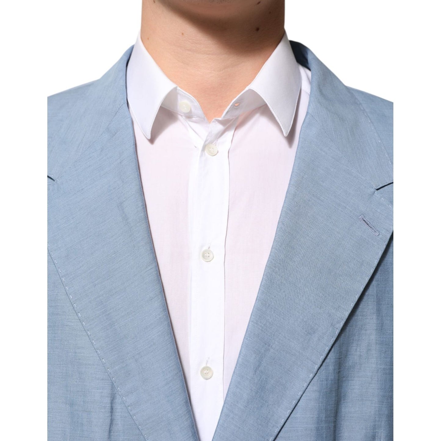 Dolce & Gabbana Light Blue Linen Double Breasted Men Jacket Blazer featuring premium Italian tailoring and modern design.