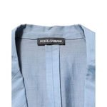 Close-up of Dolce & Gabbana Light Blue Linen Double Breasted Men Jacket Blazer with brand label on inner lining.