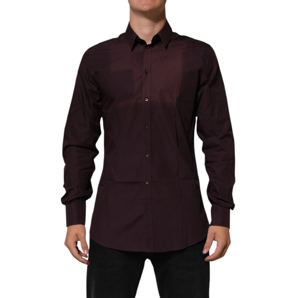 Dolce & Gabbana Maroon Cotton Collared GOLD Formal Dress Shirt featuring long sleeves and elegant gold accents.