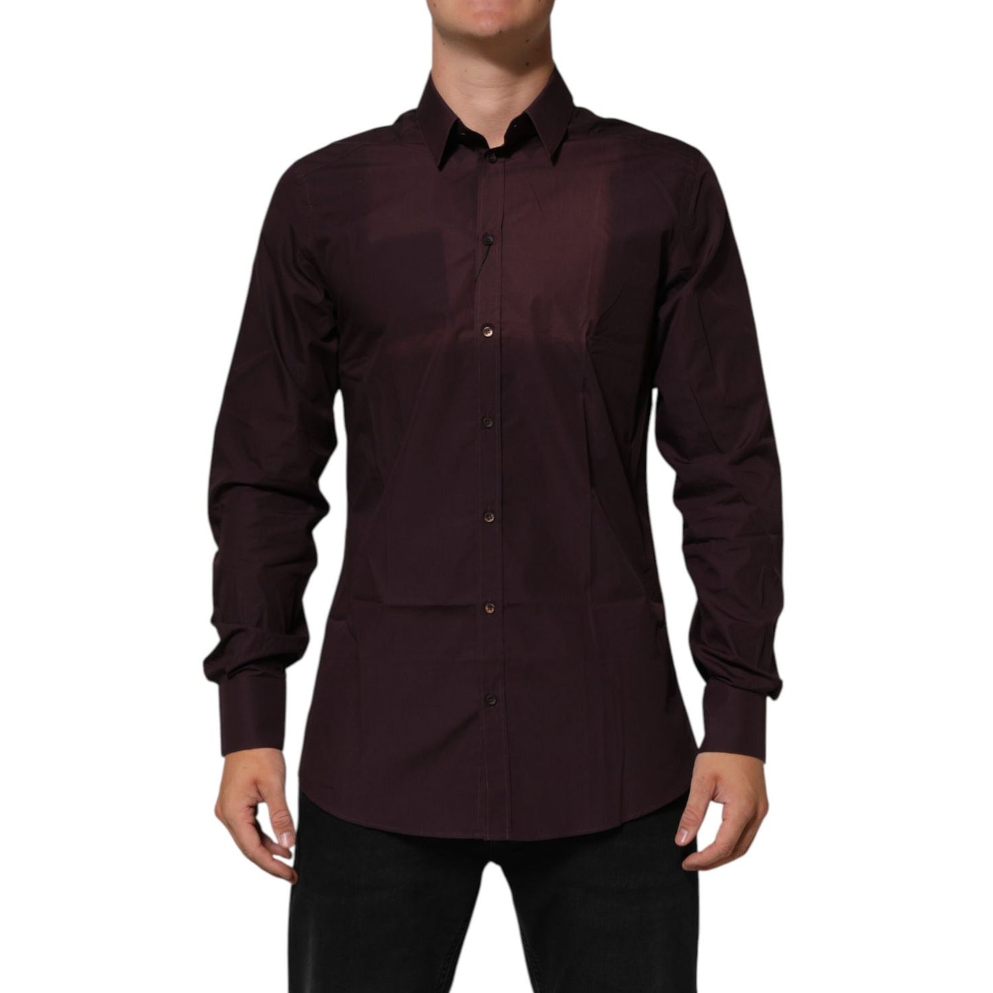 Dolce & Gabbana Maroon Cotton Collared GOLD Formal Dress Shirt featuring long sleeves and elegant gold accents.