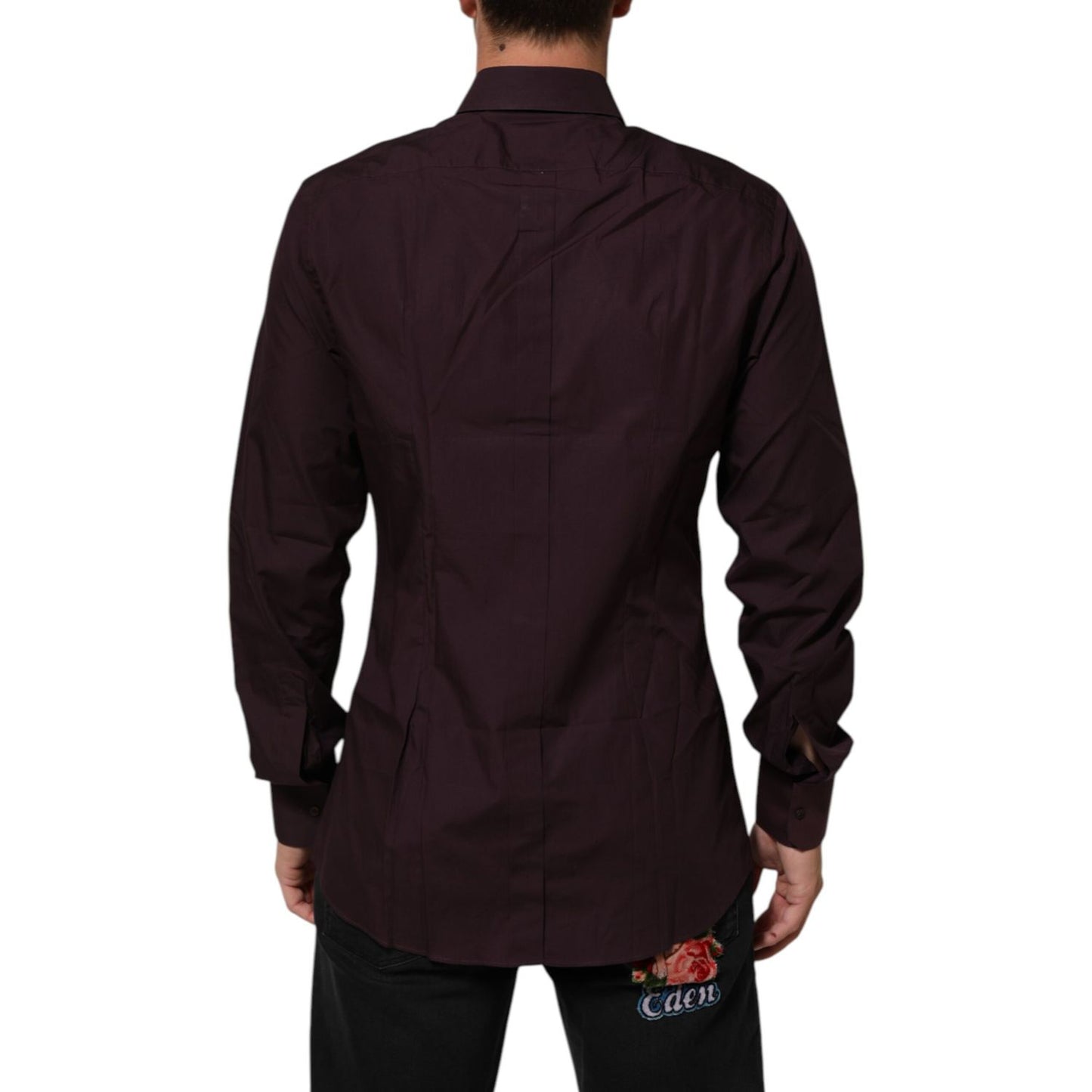 Man wearing Dolce & Gabbana Maroon Cotton Collared GOLD Formal Dress Shirt, view from the back showcasing elegant design.