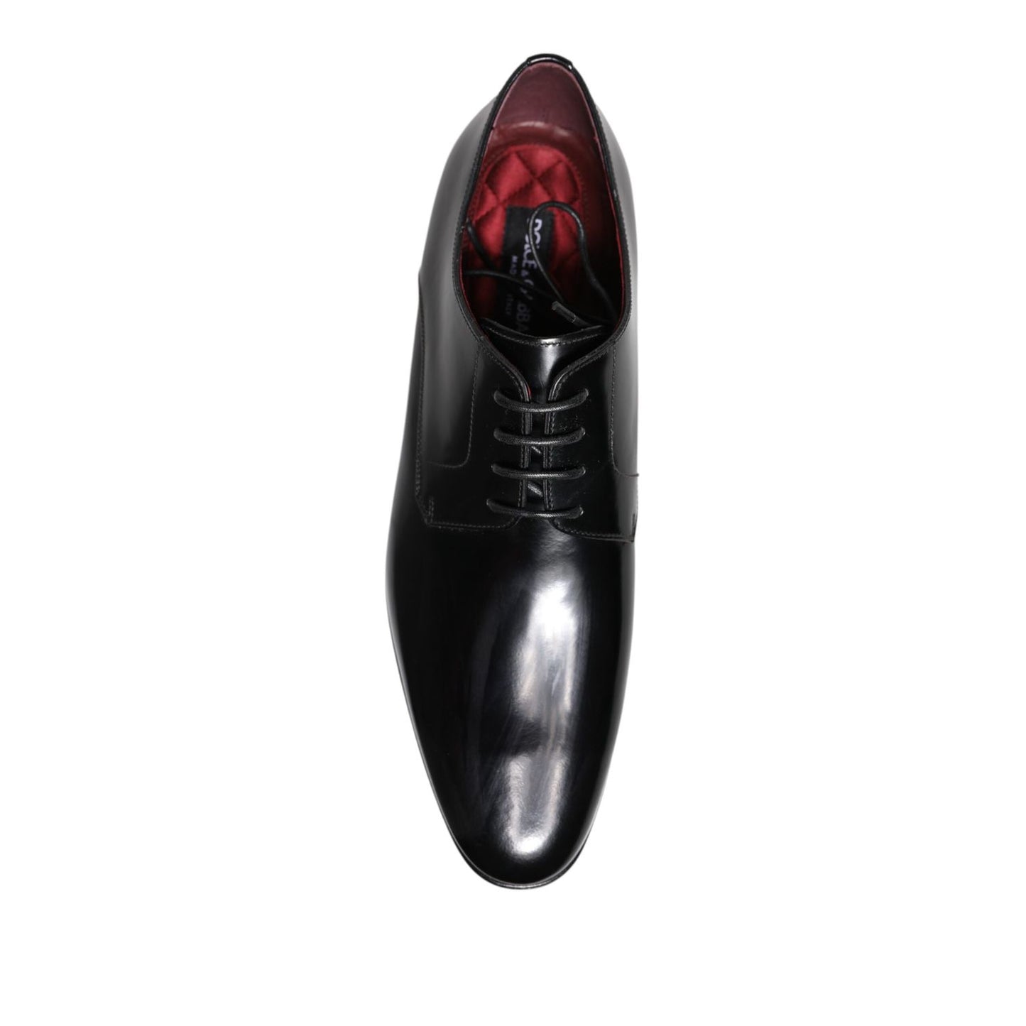 Dolce & Gabbana Men Dress Black Calfskin Leather Derby Shoes with elegant stitching and lace-up closure, made in Italy.