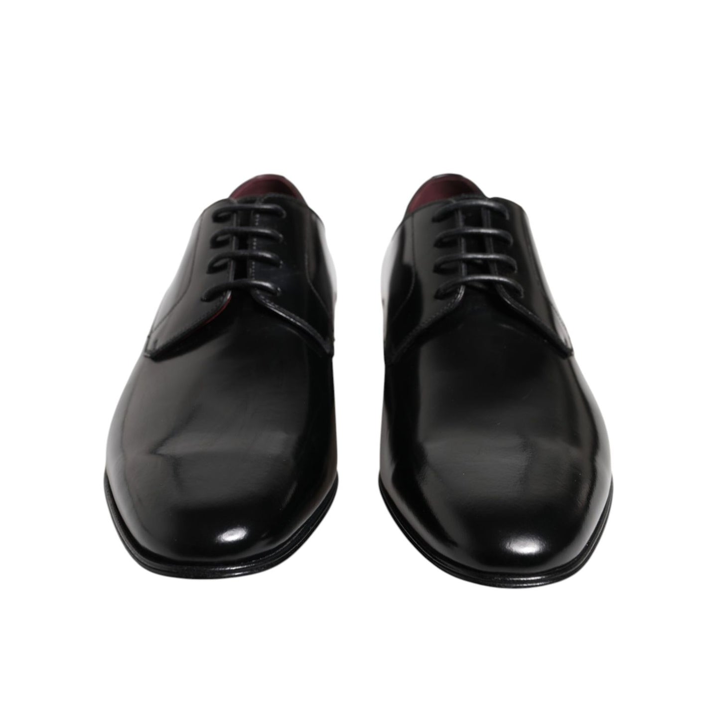 Dolce & Gabbana Men Dress Black Calfskin Leather Derby Shoes with sleek almond toe and elegant stitching, made in Italy.