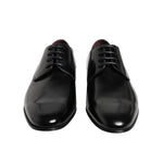 Dolce & Gabbana Men Dress Black Calfskin Leather Derby Shoes with sleek almond toe and elegant stitching, made in Italy.