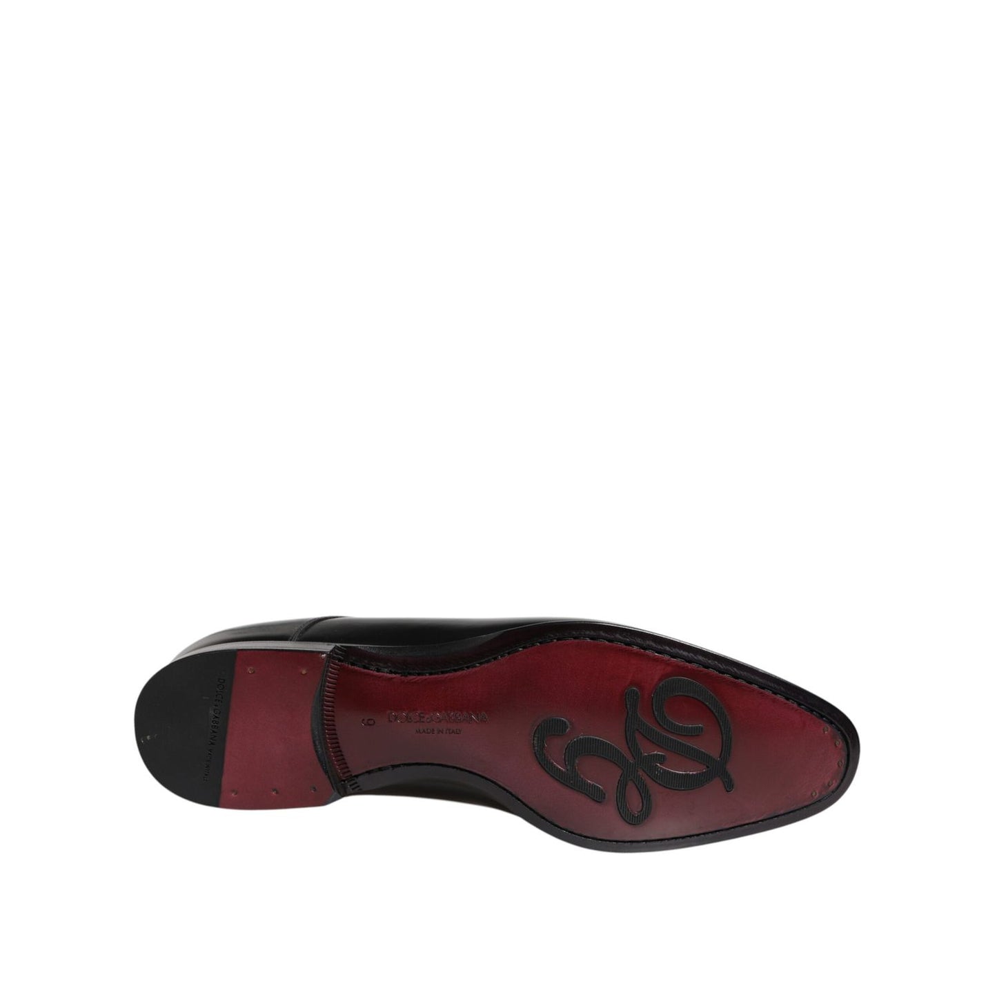 Sole view of Dolce & Gabbana Men Dress Black Calfskin Leather Derby Shoes with logo detail, crafted in Italy.