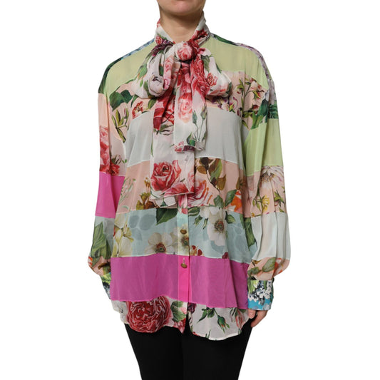 Dolce & Gabbana Multicolor Floral Patchwork Silk Ascot Collar Top with long sleeves on model